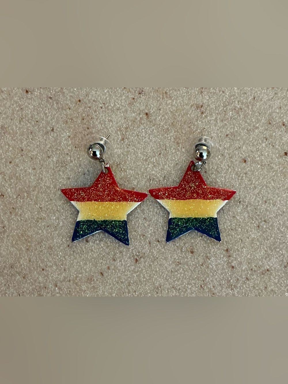 Glitter Rainbow Star Dangle Earrings in Red Yellow Blue